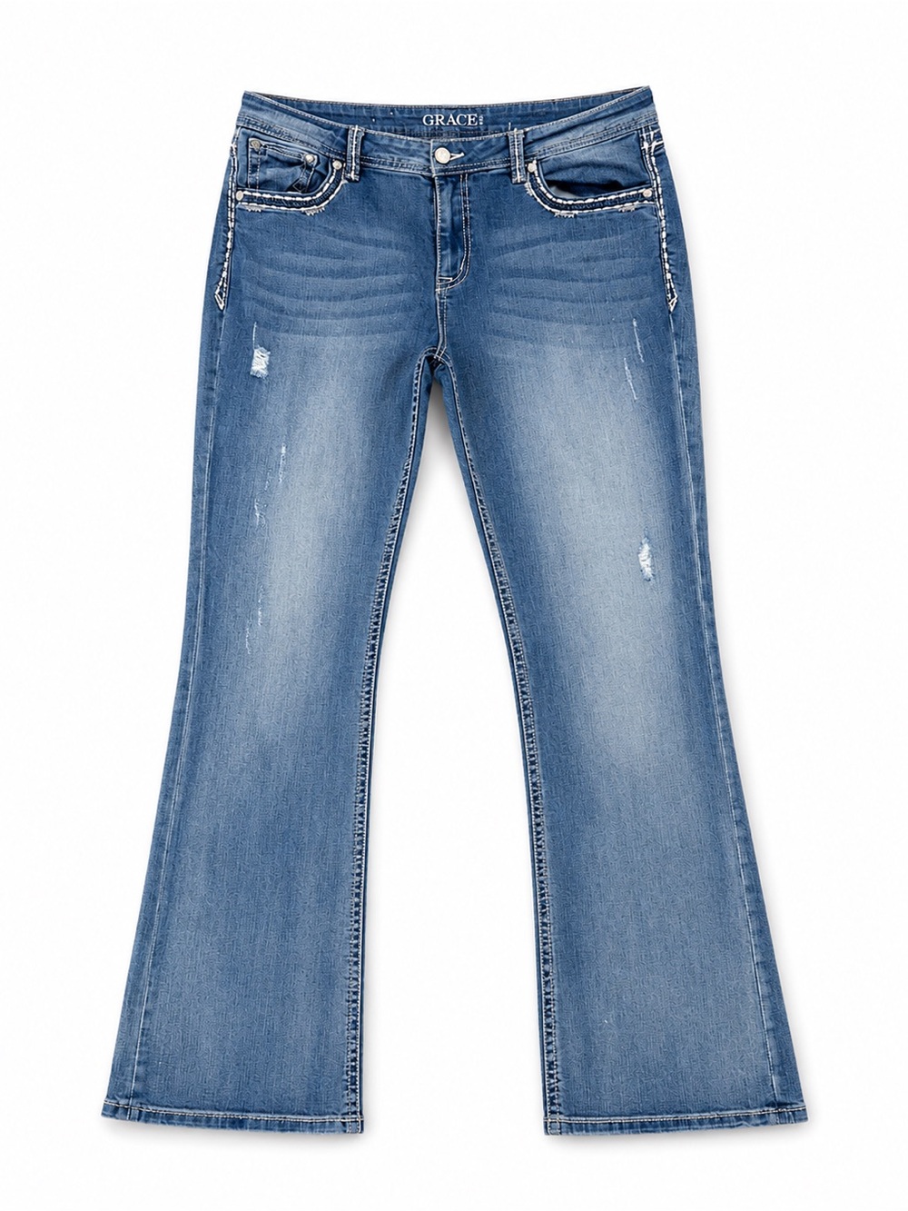 Grace in LA Bootcut Jeans Size 33 Distressed Medium Wash Embellished Pockets